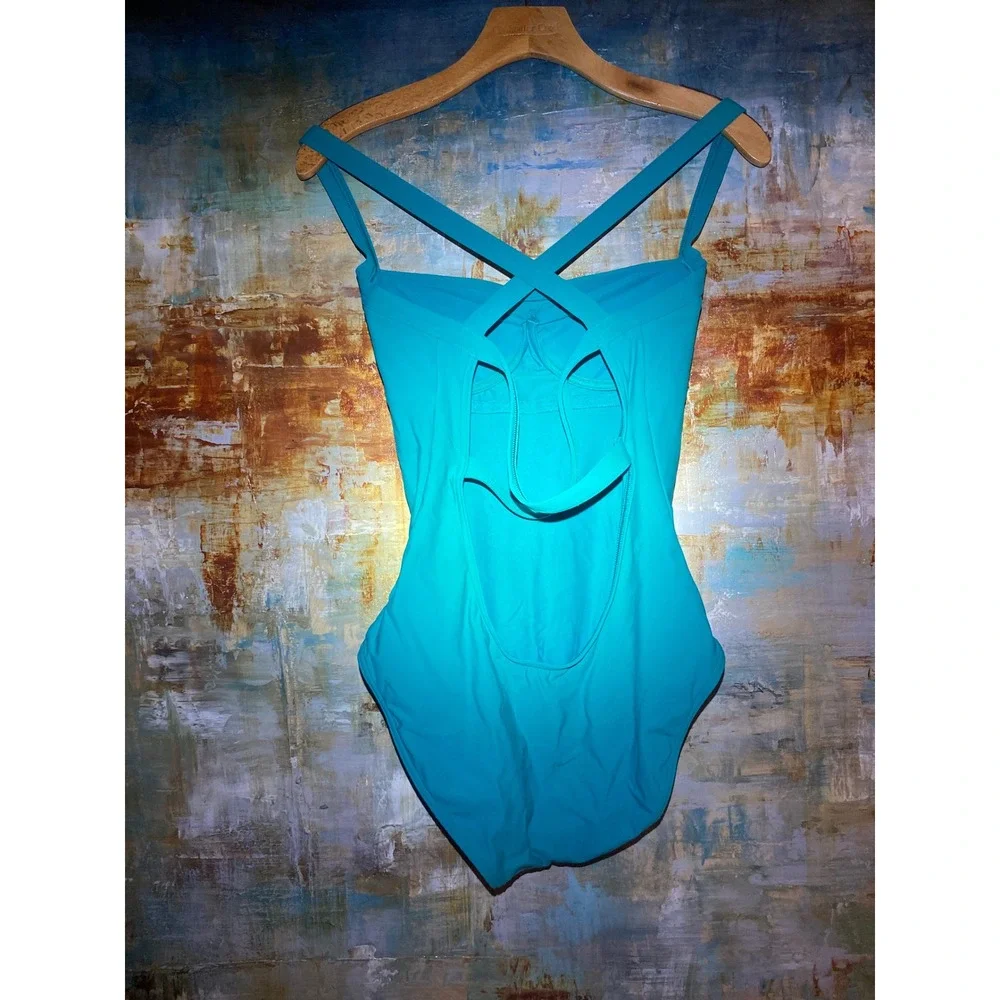 Calvin Klein Womens Turquoise Blue Cross Strap Open Back One Piece Swimsuit 10 - Picture 2 of 7